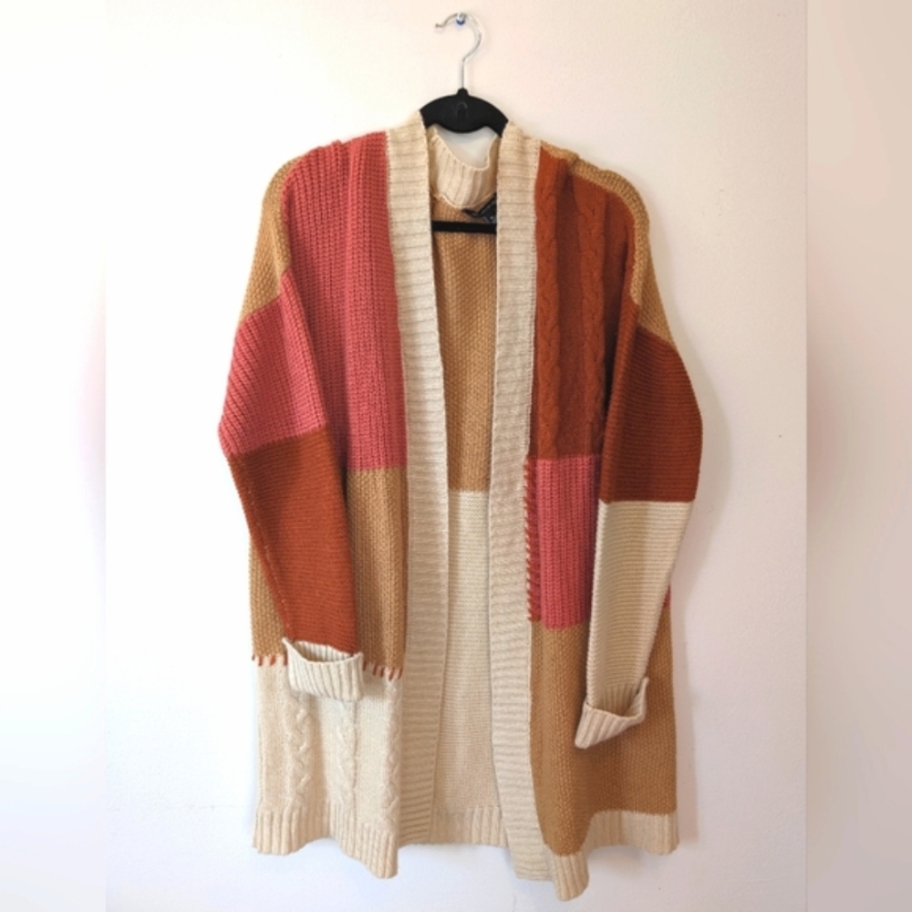 Colorblock Knit Cardigan, Cozy Long Sleeve Patchwork Sweater, Signature Studio